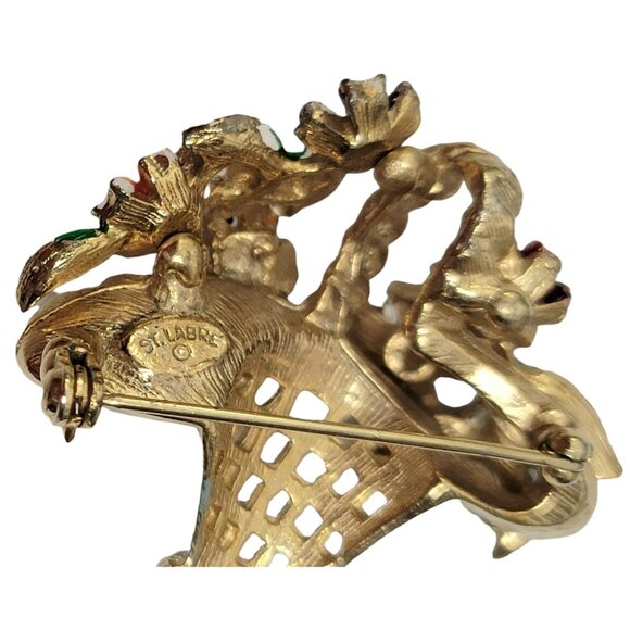 St. Labre Gold Tone Multicolor Enamel Clear Rhinestone Basket of Flowers Brooch - Picture 6 of 9